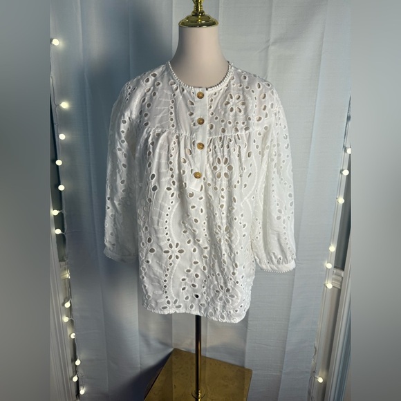 Elegant White Blouse with Intricate Eyelet Design - Picture 6 of 6